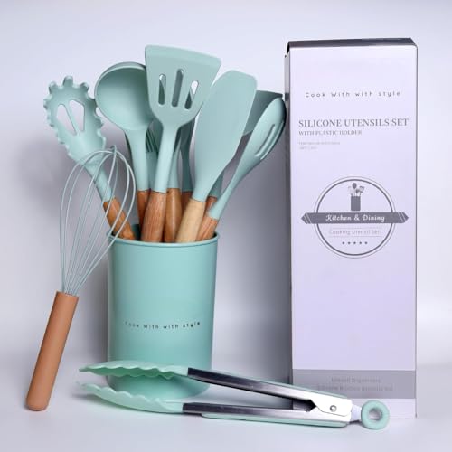 Image of 12 Pcs Silicone Cooking Utensils Set with Holder - Heat Resistant Spatula Turner Set, Wooden Spoons, Kitchen Gadgets Tools for Nonstick Cookware (12, Green)