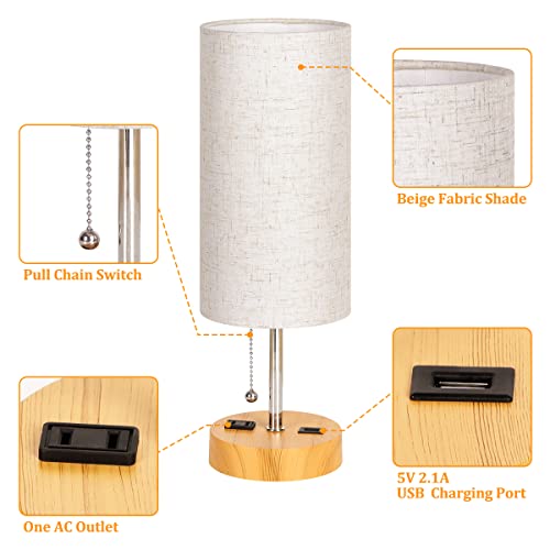 Usb Bedside Table Lamp, 2700K 4000K 5000K Wood Nightstand Lamp With Pull Chain, Bedside Lamp With Usb Port & Ac Outlet, Table Lamps For Bedrooms Living Room, Bulb Included, Fabric Linen Lamp Shade #TOP3