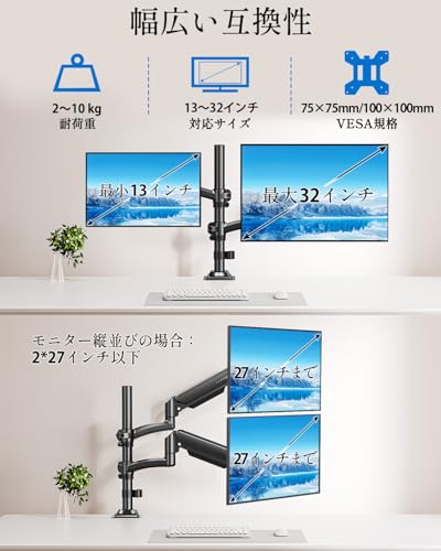 MOUNTUP デュアルモニタアーム 2画面 ディスプレイアーム ガススプリング 16~32インチ対応 縦並び 耐荷重2~10kg VESA75*75 100*100 グロメット式 クランプ式 ポール アーム付き 角度調整 MU6016B-07 の商品画像 1