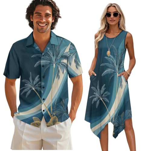 Twousenru Blue Palm Matchable Couple Outfit Hawaii Palm Print Sleeveless