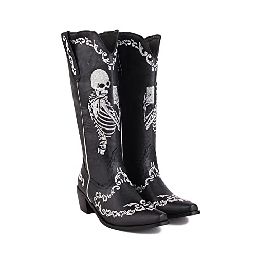 Sungtin Skull Embroidery Cowboy Boots for Women, Vintage Point Toes Chunky Heels Pull On Western Mid Calf Boots2