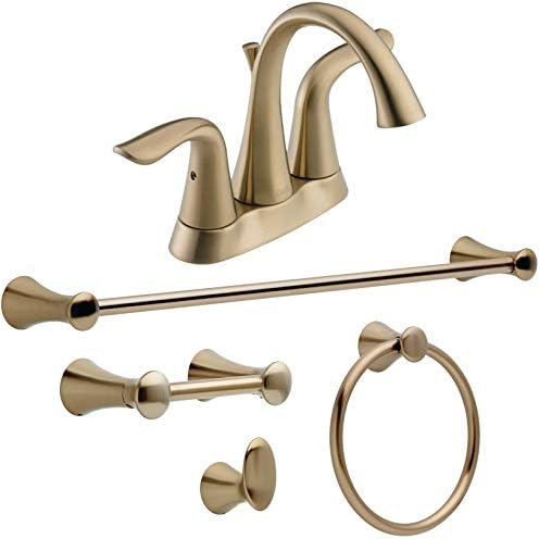 DELTA Faucet Lahara Gold Bathroom Faucet with Coordinating Bathroom Accessories Included, Bathroom Sink Faucet, Toilet Paper Holder, Towel Bar, Robe Hook, Towel Ring