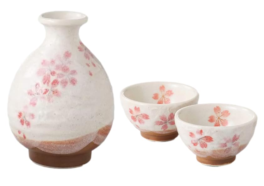 j-pure hitomi Japanese Mino Ware Ceramic Tokkuri Sake Bottle 12.1 Fluid Ounces and 2 Ochoko Guinomi Sake Cups 1.7 Fluid Ounces Set, Cherry Blossoms Pattern TR489201