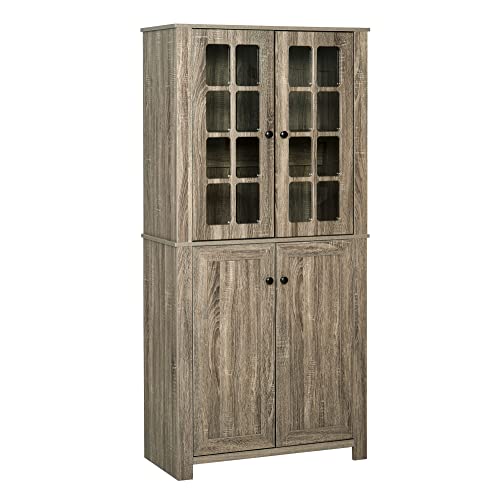 Get Discount 70% Price HOMCOM Freestanding Kitchen Pantry Storage with 2 Large Cabinets, 4 Shelves, Framed Glass Doors and Anti-Topple, Wood