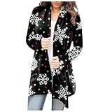 Generisch Damen Weihnachts-Strickjacke mit Schneemann-Motiv offene Vorderseite lange Ärmel fließender Saum Plus Size (Black, XXXL)