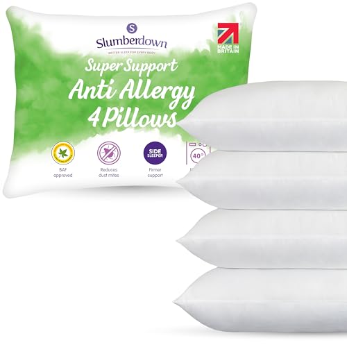 Slumberdown Anti-Allergy Pillows 4 Pack - Allergy UK Approved Super Support Side Sleeper Pillow for Neck and Shoulder Pain Relief, Core Foam Block, Non-Allergenic - UK Made, Washable (48 x 74cm)
