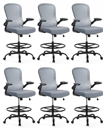 Image of ErGear Drafting Chair,Tall Office Chair with Flip-Up Armrests, High Desk Chair Adjustable Height and Adjustable Footrest Ring, Ergonomic Standing Desk Chair with Lumbar Support, Blue,6 Pack