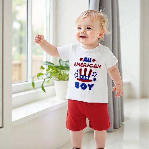 Toddler Baby Boy 4th of July Outfit American Flag Embroidery Waffle Knit T Shirt Shorts Set Patriotic Clothes3
