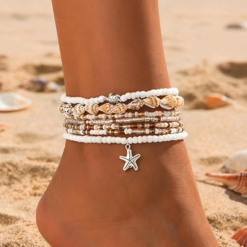 Image of Nanafast Beaded Boho Anklets for Women, Beachy Shell Anklets for Women, Puka Shell & Starfish Charms Beach Jewelry Adjustable