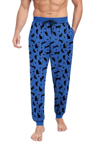 PrinStory Pantalones de pijama de punto para hombre, pantalones de pijama suaves para hombre, pantalones de pijama cómodos con bolsillos, Gato azul, S