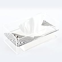 علبة مناديل أكريليك شفافة بتصميم أنيق ونقوش فنية جذابة بالأبيض والأسود تضيف لمسة فنية راقية إلى أي مساحة.
