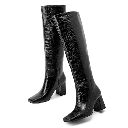 GOSERCE Women's Black Knee High Square Toe Chunky Heel Faux Crocodile Boots2