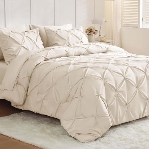 JOLLYVOGUE King Size Comforter Set 7 Pieces - Bed in a Bag King for All Season, Pintuck Bedding Comforter Sets with Comforter, Flat Sheet, Fitted Sheet and Pillowcases & Shams, Beige