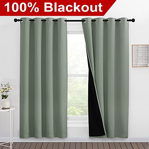 Image of NICETOWN 100% Blackout Window Curtain Panels, Full Light Blocking Drapes with Black Liner for Nursery, 78-inch Drop Thermal Insulated Draperies (Greyish Green, 2 Pieces, 55-inch Wide Per Panel)