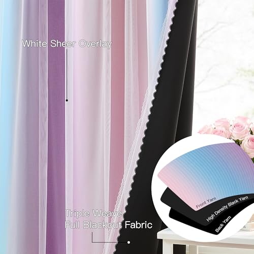Image of XiDi Double Layer Curtains with Sheer Overlay for Girls Bedroom Living Room 2 Panels 96 Inches Long Colorful Rainbow Blackout Curtains for Kids Unicorn Princess Grommet Drapes Pink Purple W52 x L96