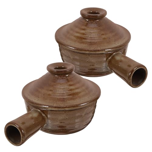 Generic 2 Cazuelas de Cerámica de Gres Aptas para Microondas con Tapa y Asa Ollas de Barro Resistentes al Calor 17X12X5 CM para Cocinar Guisos Sopa y Arroz en Casa