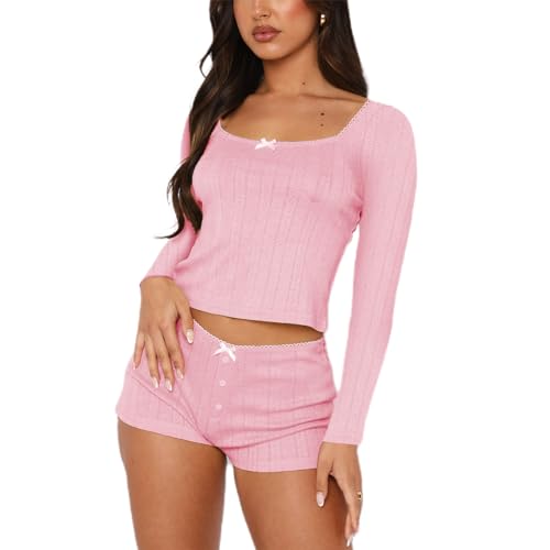 Image of Women's Two Piece Outfit Lace Trim Top and Shorts Set 2 Piece Lounge Sets Ladies PJs Summer Clothes