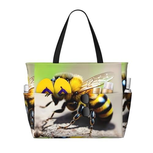 Large Capacity Beach Bag - print Waterproof Travel Bag Cute little bee Multi-Pocket Tote for Vacation Gym Women