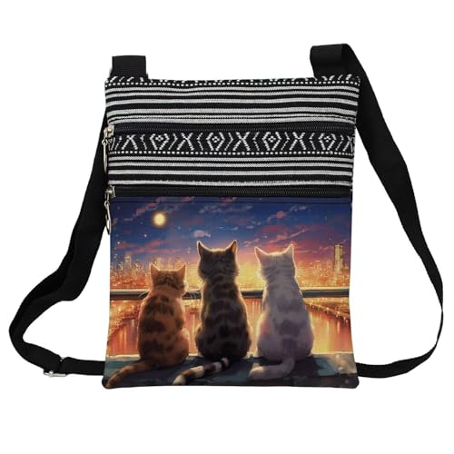 Cat Pattern Crossbody Handbag with Zipper Floral Kitten Kitty Aesthetic Present for Cat Lovers Woman