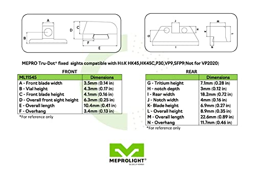 Meprolight Mepro Tru-Dot Fixed Tritium Day And Night Sights, Compatible With H&K 45,45C,P30,Vp9,Sfp9 (Not For Vp2020), Green Dots #TOP4