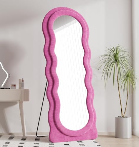 Dewfig Full Length Mirror, 63" x 24" Irregular Wavy Mirror, Large Floor Length Mirrors Wall Mounted, Standing Wavy Mirrors with Flannel Wrapped Wooden Frame for Bedroom/Living Room, Hot Pink Dewfig Full Length Mirror, 63" x 24" Irregular Wavy Mirror, Large Floor Length Mirrors Wall Mounted, Standing Wavy Mirrors with Flannel Wrapped Wooden Frame for Bedroom/Living Room, Hot Pink