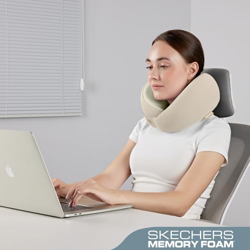Image of Skechers Men's Memory Foam Neck Pillow, Comfortable & Breathable Travel Pillow, Neck Pillow Airplane for Travel, Car Rides, Home, and Office Use, Ergonomic Design for Men and Women,Beige