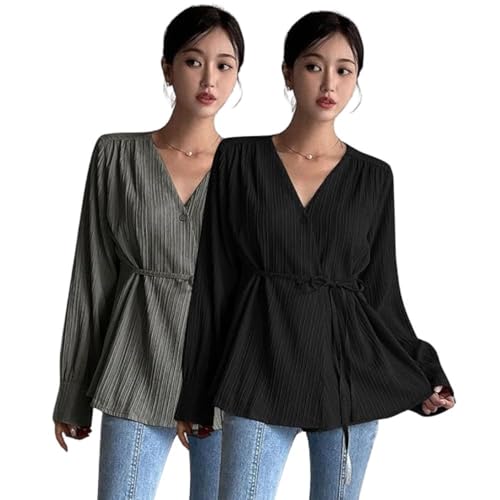 Image of Leriya Fashion Women's V-Neck Pleated Tunic Top - Long Sleeve Drawstring Waist Summer Blouse, Lightweight Casual Shirt for Office, Travel, Daily