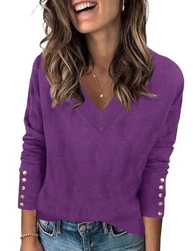 Zeagoo Womens V Neck Sweaters Shirts Long Sleeve Lightweight Ribbed Knit Pullover Sweater Blouse Tops with Buttons Oufits2