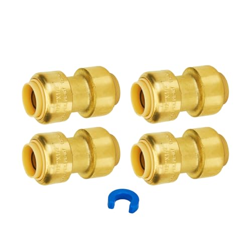 Image of 1 /2 Inch Coupling, Push Fittings 1 /2 Inch, Brass, 4-Pack | Push to Connect Plumbing Fittings, for Pex Pipe, Copper, CPVC, PE-RT, with 1 Disconnect Clip