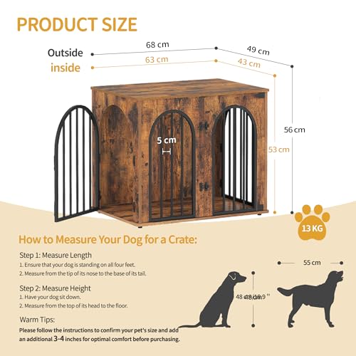 Hzuaneri Hundekäfig Möbel, 68cm Hundebox für Zuhause, 3 Türen, Bogentür, Moderne Hundebox Indoor für Hunde, Beistelltisch, Hundekäfig Hochbelastbar, 68 x 49 x 56 cm, Vintagebraun DFC85501B