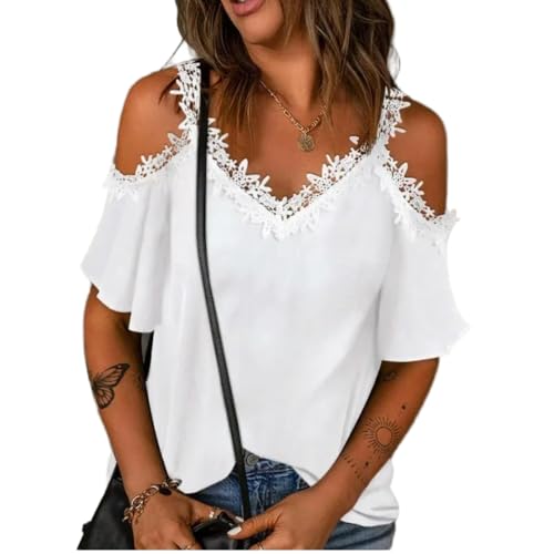 T-shirt manches courtes en dentelle pour femme haut d'été col en V