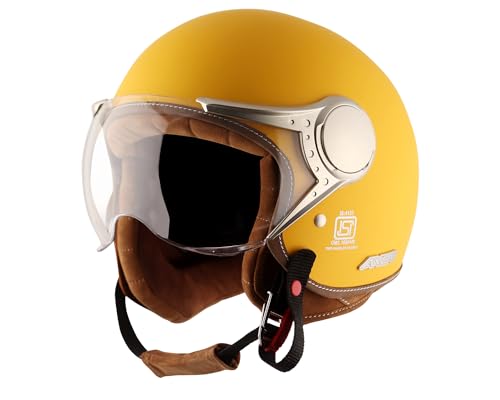 Image of Axor Retro Jet West ISI and DOT Certified Matte Finish Open Face Helmet for Men and Women with Clear Visor- Dull Yellow -L