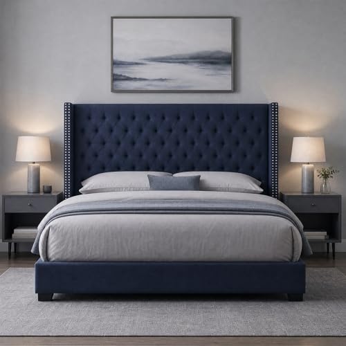Image of Madison Park King Wingback Upholstered Tufted Headboard, Featuring High-Density Sponge Padding, Adjustable Height Headboard, Easy Assembly, Navy