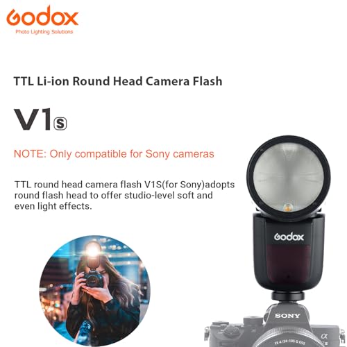 Image of GODOX V1 V1-S Flash for Sony Cameras, 76Ws 2.4G TTL Speedlite for Sony Speedlight HSS 1 /8000s, 480 Full Power Shots, Rechargeable Li-ion Battery, 1.5s Recycle Time, 10 Levels LED Modeling Lamp