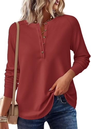Image of PRETTYGARDEN Women's Long Sleeve Waffle Knit Henley Shirts Loose Tunic Tops