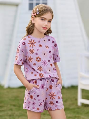 Image of Haloumoning Girls Summer 2 Piece Outfits Kids Oversized T Shirts and Shorts Clothing Sets 5-14 Years