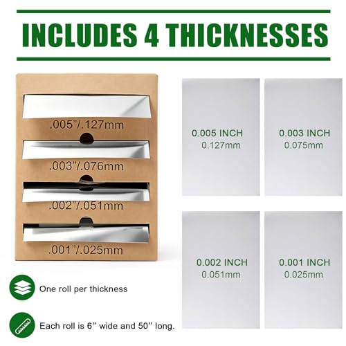 Image of Frienda 4 Rolls 301H Stainless Steel Shim Stock Assortment, Full Hard Temper 0.001 inch 0.002 inch 0.003 inch 0.005 inch Thick, 6 inch x 50 inch Metal Shim Roll Set for Machine Shop, Milling, Lathe, Spacing and Alignment