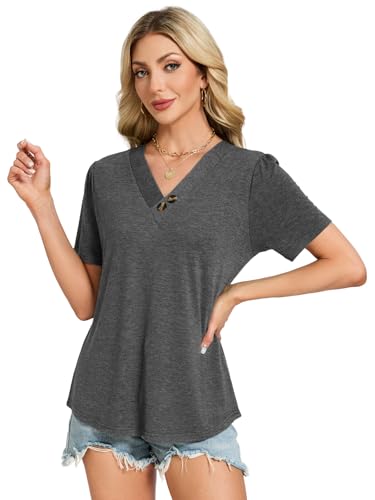 VUTRU Tops for Women V Neck Blouse Puff Short Sleeve Henley Tunic Shirt Loose Fitting Work Casual Plus Size Summer Clothes, Grey XL — view 6