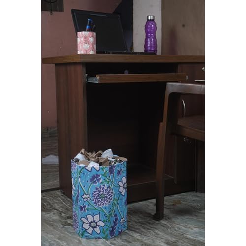 Image of Floral Hand Block Printed 3.3 Gallon Decorative Waste Basket - Eco-Friendly Cardboard Trash Can, Plastic-Free & Sustainable, Perfect for Christmas and Housewarming Gifts (1, Green Sky Blue FLOWAR)