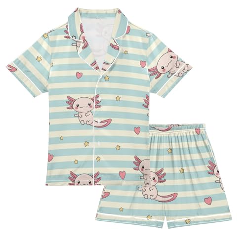 Satin Pajama Sets Short Sleeve Cute Axolotl Stripes Hearts Button Down Silky Nightwear 2 Piece PJS 5-14Y