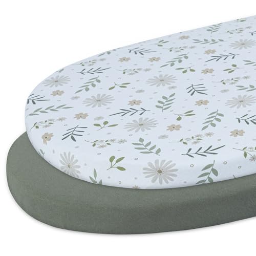 Image of Dreamology Bassinet Sheets for Girls,Boys,100% Cotton Knitted Jersey, Super Soft and Durable,2 Pack Unisex | Universal Fit for Hourglass,Oval or Rectangle Bassinets (17"x32"x4") | Green and Flowers