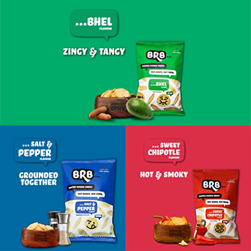 Image of BRB Popped Potato Chips | Not Baked, Not Fried | 9 Packs X 48 Grams | 3 Flavours - Bhel (3), Sweet Chipotle (3), Salt & Pepper (3) | 60% Less Fat | Low Calorie | Healthy Snack