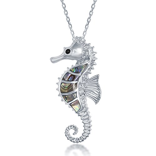 Sterling Silver Natural Abalone Shell Sea Horse Pendant with 18' Chain