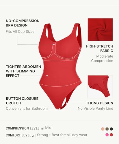Image of FeelinGirl Shapewear Bodysuits for Women Tummy Control Thong Seamless V Neck Compression Body Suits Corset Top