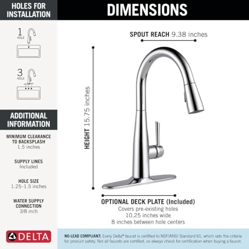 Image of Delta Essa Chrome Kitchen Faucet with Pull Down Sprayer, Modern Single Hole Kitchen Sink Faucet, Single Handle, Chrome 9113-DST