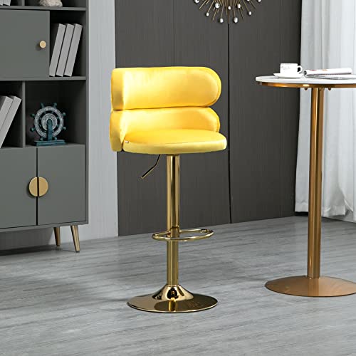 Ssline Upholstered Velvet Barstool Modern Swivel High Bar Chair With Arced Back &Footrest Adjustable Kitchen Counter Height Stools W/Stylish Rivets & Gold Base For Dining Room Home Bar -Yellow&Golden #TOP2