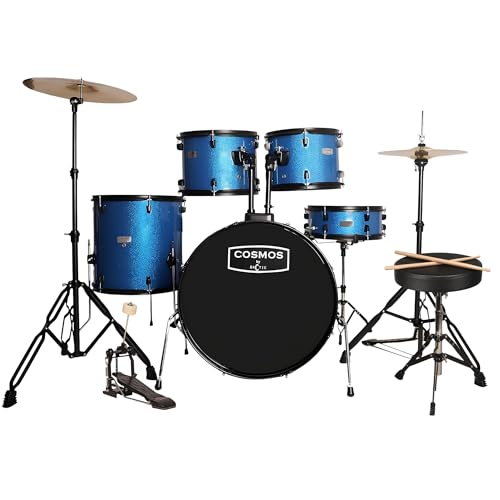 Image of ARCTIC COSMOS 5 Piece Complete Acoustic Drum Kit /Drumset with drumsticks, Cymbals and throne - With Hardware. Best Sounding shells, most durable build. (Blue)