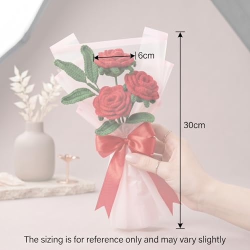 Image of Handmade Crochet Red Rose Bouquet, Artificial Forever Flowers, Acrylic Yarn, 25cm Height, Anniversary Birthday Valentine's Day Gift, 3 Roses with White Wrapping Paper and Red Bow