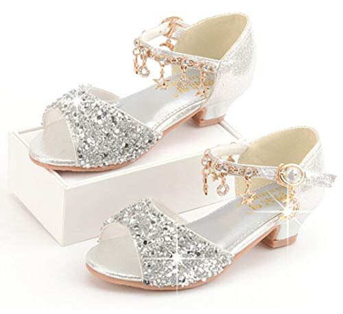 Gojerp Little Kids Girls Sandals Glitter Rhinestone Dress Pumps Sequins Princess Low Heels Party Dance Shoes (Silver, Numeric_1) #TOP2