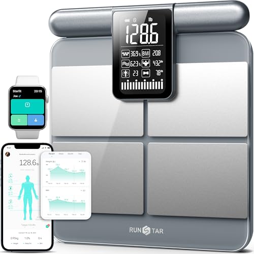 Runstar Scale for Body Weight and Fat Percentage, 8-Electrodes Precision Digital Smart Scale for BMI 22 Body Composition Measurement, Silver Bathroom Smart Scales with Large Display FSA HSA Eligible